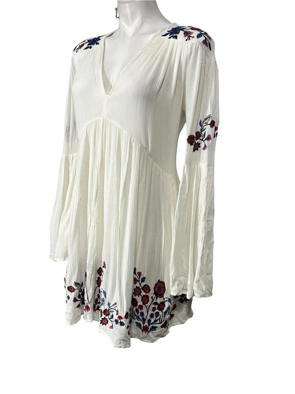 Free People Cream Peasant Tunic with Blue & Pink Floral Embroidery